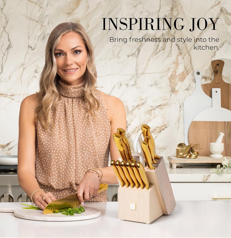 styled settings Gold Knife Set for Kitchen with Block and Sharpener – 14-Piece Razor Sharp Titanium Gold Knives with Ashwood Block and Built-In Sharpener – Stylish Kitchen Accessories for Cooking and Prep - Image 5